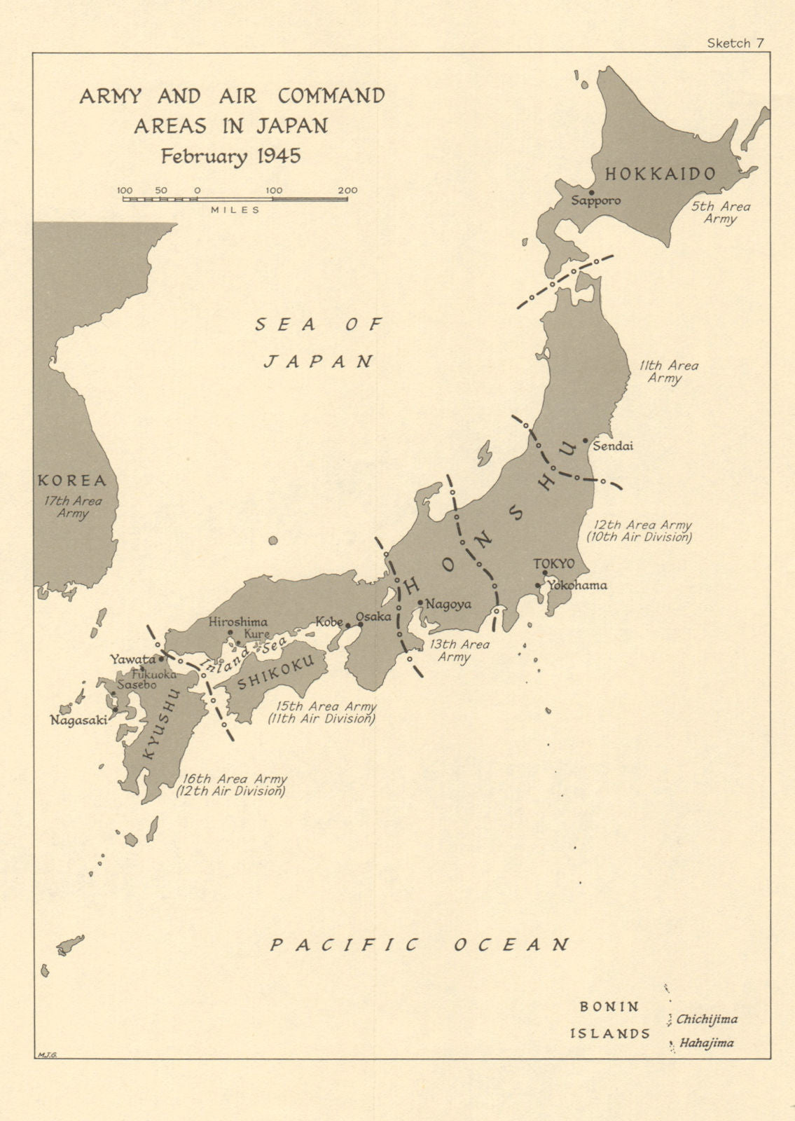Army and Air Command Areas in Japan, February 1945. World War 2 1965 old map